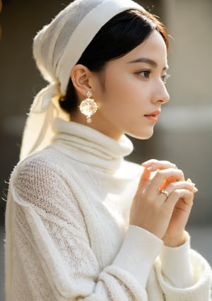 xxmix_girl,a close up of a person with a white sweater on, hand_holding_touching an earing, have a light shining on her face,shorthair, use earings, shawl, hijab_necklace_earring_jewelery, head_wear