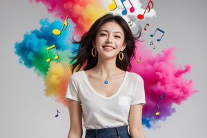 xxmix_girl,portrait of a woman,smile,polaroid,film,colorful bluetooth speaker commercial photo, flying colorful musical note splash(quarter note,eighth note),fog,plain background, cotton clouds,smoke,plain background,3d style,3d toon style