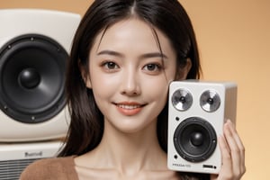 xxmix_girl,portrait of a woman,smile,polaroid,film, graininess,smile,cold,standing next to peiga speaker,3d style,3d toon style