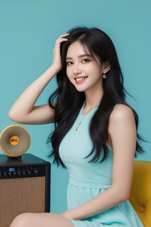 xxmix_girl, (closeup:1.2), 1girl,smile,best quality,8k,fluffy long hair,black hair,messy hair, (nude:1.3),pure TIFFANY BLUE background,sitting on a JBL speaker,yellow dress,white background,3d style