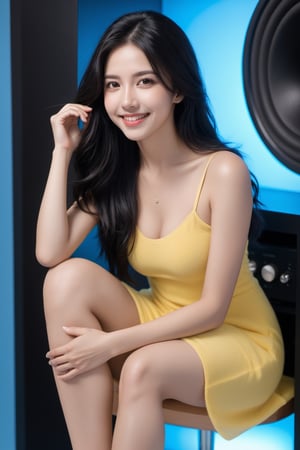 xxmix_girl, (closeup:1.2), 1girl,smile,best quality,8k,fluffy long hair,,black hair,messy hair, (nude:1.3), sitting on a klipsch speaker,yellow dress,pure light blue background,3d style