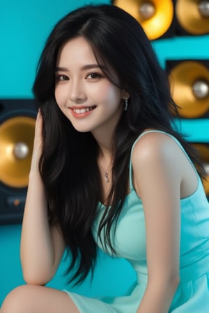 xxmix_girl, (closeup:1.2), 1girl,smile,best quality,8k,fluffy long hair,,black hair,messy hair, (nude:1.3),pure TIFFANY BLUE background,sitting on a klipsch speaker,yellow dress,pure TIFFANY BLUE background,3d style