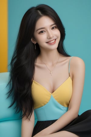 xxmix_girl, (closeup:1.2), 1girl,smile,best quality,8k,fluffy long hair,,black hair,messy hair, (nude:1.3), sitting on a klipsch speaker,yellow dress,pure TIFFANY BLUE background,3d style