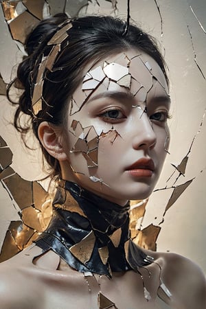 a  painting of a women with a cracked porcelain face,  fragmented,  abstract portrait,  nicolas delort,  surreal dark art,  stefan gesell,  shattered,  dark schizophrenia portrait,  inspired by Igor Morski,  shattered abstractions,  broken mirror,  broken mirrors composition,  shattered wall,  4k symmetrical portrait,  glass skull,  Detailedface,  Detailedeyes,xxmix_girl