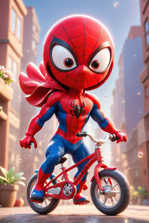 spiderman little kids red bike, wide angle, action came, spherical perspective view, bloom, lensflare, glow,photo r3al, full_body,Xxmix_Catecat,3d style,chibi