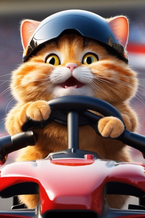 One big head cute cat(Garfield) with yellow amd black racing leathers, funny face,wearing open racing helmet, paws on steering wheels, driving Indy_Formula 1 vehicle formula 1 racer around asphalt race track, detailed open helmet with large racing goggles on face, detailed Ferrari racer, shiny, photorealistic white and black shiny fur, close up,racing gloves holding steering wheel, full body, racing helmet open for furry ears,  Formula 1 racer with sponsors livery Dragon on racer, detailed high speed asphalt road race track, spectators in stadium bleachers, hamsters driving other Formula 1 racers, cat flag waved by hamster official wet surfaces,  lightng, sparks from motion, blur of high speed accelerating ( masterpiece, best quality, ultra-detailed, best shadow), furry paws, beautiful sunny background, high_resolution, racer large for hamster driver in competition