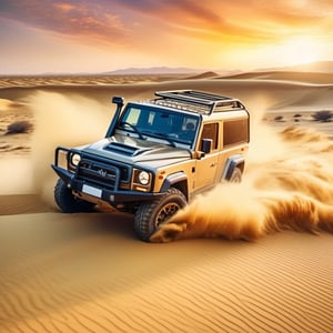 (Masterpiece, best quality,raw photo, 8k), a sight of the desert, an off-road vehicle galloping forward, undulating terrain, wild driving, stirring up sand, the sunset is infinitely good