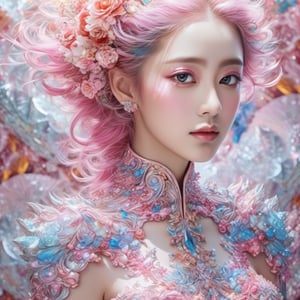 (Masterpiece, best picture quality), (Fractal art :1.4, super detail), gorgeous, complex elements, marble texture, (Aesthetics and Beauty :1.3), girls, pink hair | highlights, multicolored (absurd :1.2), flowers
