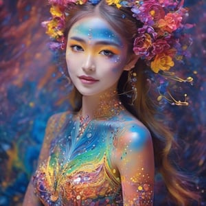 (Representative, best picture quality), girl, (Details :1.1), (Music spectrum | Body painting :1.3, luminous painting :1.2), Fractal art :1.4, Opal rendering, dynamic beat, music spectrum background, colorful, a hodge-podge of colors