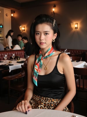 Masterpiece, best picture quality, an 18-year-old woman with long hair, hairpins, necklace and earrings, black silk top, leopard print skirt, silk scarf, sitting in a French restaurant, cool colors, aloof beauty