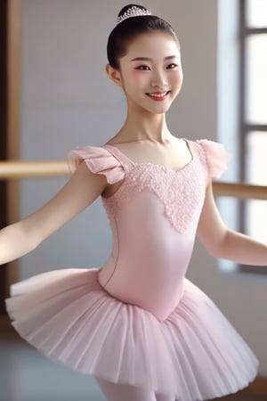 (Masterpiece, best picture quality), a Chinese girl, wearing ballet costumes, dancing ballet in the dance room, each movement is very elegant, full of confident smile