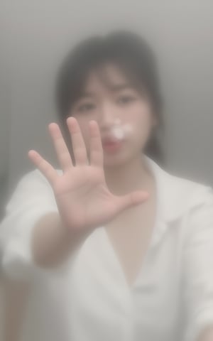 Masterpiece, best quality, a beautiful woman in a white shirt looks into the camera through the glass in the bathroom with the words "I love you" written on the glass,Palm against clear glass,Gaussian blur effect,Looking at the figure through the glass,xiaohongshu style