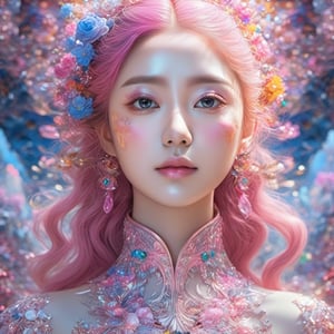 (Masterpiece, best picture quality), (Fractal art :1.4, super detail), gorgeous, complex elements, marble texture, (Aesthetics and Beauty :1.3), girls, pink hair | highlights, multicolored (absurd :1.2), flowers
