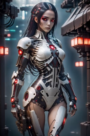 A Hi-Tech cyberpunk style white black red skull suit, skeleton girl, skeleton body human girl face, cute, beautiful, mesmerising,Custom design,elegent black hair, shining body, glowing look, full shining suit, body, hues.,steampunk style,cyberpunk style,mecha, perfect custom Hi-Tech suit, holding sword, weapon master, Hi-Tech belt, muscular body suite, looking back, ,cyberpunk,HZ Steampunk,steampunk, shining eyes, beautiful body,