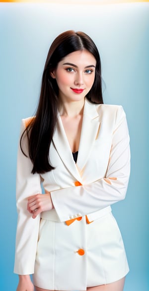 





woman, blue eyes, straight middle parted hairstyle, dark black hair, super beauty marks, pale white skin, best quality, clear texture, details, canon eos 80d photo, light makeup, (blue orange color background theme: 1.3), (pale white skin:1.1), professional coloring photo, (sexy style business woman outfit:1.1), (pale white skin:1.1), smile