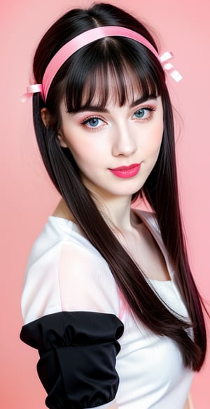 





woman, blue eyes, straight middle parted hairstyle, fully side splitted front bangs, dark black hair, super beauty marks, pale white skin, best quality, clear texture, details, canon eos 80d photo, light makeup, (pink red color background theme: 1.3), (pale white skin:1.1), professional coloring photo, (sexy style business woman outfit:1.1), (pale white skin:1.1), smile