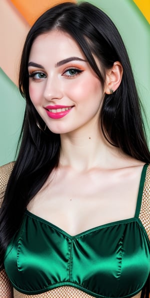 woman, beautiful face, perfect face, colorful eyes fully black hair, pale white skin, sexy marks, perfect, green bright orange abstract background, shiny accessories, best quality, clear texture, details, canon eos 80d photo, very little light makeup, black fishnet and strings costume, smile, upper body, small chest