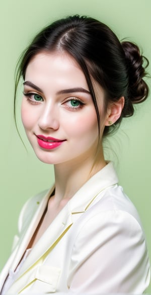 





woman, eyes, straight middle parted hairstyle, dark black hair, super beauty marks, pale white skin, best quality, clear texture, details, canon eos 80d photo, light makeup, (green color background theme: 1.3), (pale white skin:1.1), professional coloring photo, (sexy style business woman outfit:1.1), (pale white skin:1.1), smile