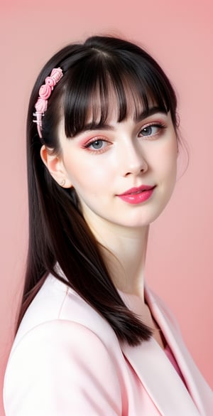 





woman, blue eyes, straight middle parted hairstyle, fully side splitted front bangs, dark black hair, super beauty marks, pale white skin, best quality, clear texture, details, canon eos 80d photo, light makeup, (pink red color background theme: 1.3), (pale white skin:1.1), professional coloring photo, (sexy style business woman outfit:1.1), (pale white skin:1.1), smile