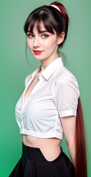 





woman, blue eyes, straight middle parted hairstyle, long ponytail front side bangs, dark black hair, super beauty marks, pale white skin, best quality, clear texture, details, canon eos 80d photo, light makeup, (green red color background theme: 1.3), (pale white skin:1.1), professional coloring photo, (sexy style business woman outfit:1.1), (pale white skin:1.1), smile