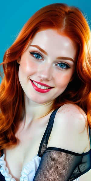 woman, beautiful face, perfect face, colorful eyes fully redhead ginger hair, pale white skin, sexy marks, perfect, blue bright abstract background, shiny accessories, best quality, clear texture, details, canon eos 80d photo, very little light makeup, black fishnet and strings costume, smile