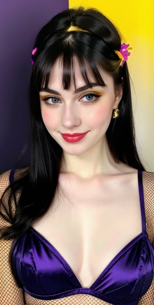 woman, beautiful face, perfect face, colorful eyes fully black hair, pale white skin, sexy marks, perfect, yellow bright purple  abstract background, shiny accessories, best quality, clear texture, details, canon eos 80d photo, very little light makeup, black fishnet and strings costume, smile, upper body, small chest