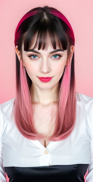 





woman, blue eyes, straight middle parted hairstyle, fully side splitted front bangs, dark black hair, super beauty marks, pale white skin, best quality, clear texture, details, canon eos 80d photo, light makeup, (pink red color background theme: 1.3), (pale white skin:1.1), professional coloring photo, (sexy style business woman outfit:1.1), (pale white skin:1.1), smile
