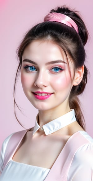 





woman, blue eyes, straight middle parted hairstyle, ponytail, dark black hair, super beauty marks, pale white skin, best quality, clear texture, details, canon eos 80d photo, light makeup, (blue pink color background theme: 1.3), (pale white skin:1.1), professional coloring photo, (sexy style business woman outfit:1.1), (pale white skin:1.1), smile