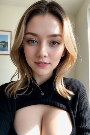 instagram photo, closeup face photo of 23 y.o Chloe in black sweater, cleavage, pale skin, (smile:0.4), hard shadows, blue eyes,perfecteyes, massive exposed boobs