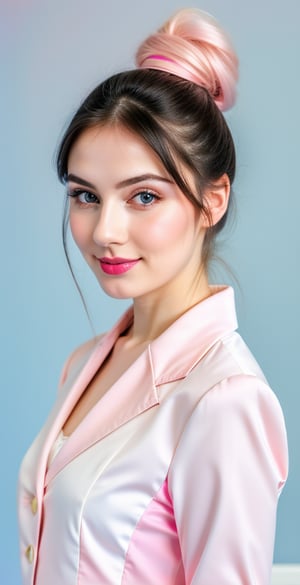 





woman, blue eyes, straight middle parted hairstyle, ponytail, dark black hair, super beauty marks, pale white skin, best quality, clear texture, details, canon eos 80d photo, light makeup, (blue pink color background theme: 1.3), (pale white skin:1.1), professional coloring photo, (sexy style business woman outfit:1.1), (pale white skin:1.1), smile