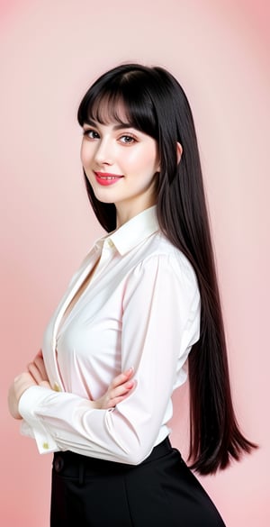 





woman, green eyes, straight middle parted hairstyle, dark black hair, super beauty marks, pale white skin, best quality, clear texture, details, canon eos 80d photo, light makeup, (pink color background theme: 1.3), (pale white skin:1.1), professional coloring photo, (sexy style business woman outfit:1.1), (pale white skin:1.1), smile