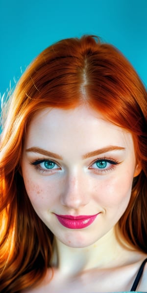 woman, beautiful face, perfect face, colorful eyes fully redhead ginger hair, pale white skin, sexy marks, perfect, blue bright abstract background, shiny accessories, best quality, clear texture, details, canon eos 80d photo, very little light makeup, black fishnet and strings costume, smile