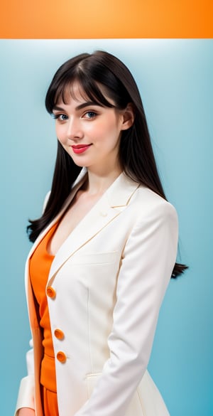 





woman, blue eyes, straight middle parted hairstyle, dark black hair, super beauty marks, pale white skin, best quality, clear texture, details, canon eos 80d photo, light makeup, (blue orange color background theme: 1.3), (pale white skin:1.1), professional coloring photo, (sexy style business woman outfit:1.1), (pale white skin:1.1), smile