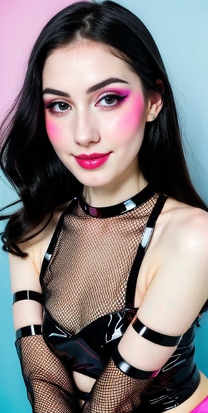 woman, beautiful face, perfect face, colorful eyes fully black hair, pale white skin, sexy marks, perfect, blue bright pink abstract background, shiny accessories, best quality, clear texture, details, canon eos 80d photo, very little light makeup, black fishnet and strings costume, smile, upper body, small chest