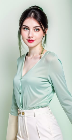 





woman, blue eyes, straight middle parted hairstyle, dark black hair, super beauty marks, pale white skin, best quality, clear texture, details, canon eos 80d photo, light makeup, (green color background theme: 1.3), (pale white skin:1.1), professional coloring photo, (sexy style business woman outfit:1.1), (pale white skin:1.1), smile