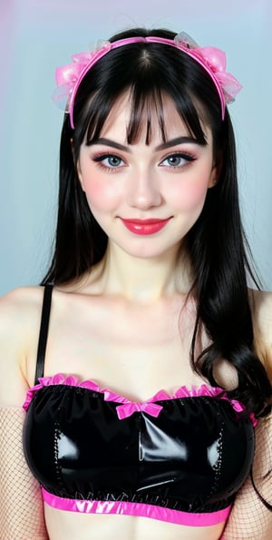woman, beautiful face, perfect face, colorful eyes fully black hair, pale white skin, sexy marks, perfect, blue bright pink abstract background, shiny accessories, best quality, clear texture, details, canon eos 80d photo, very little light makeup, black fishnet and strings costume, smile, upper body, small chest