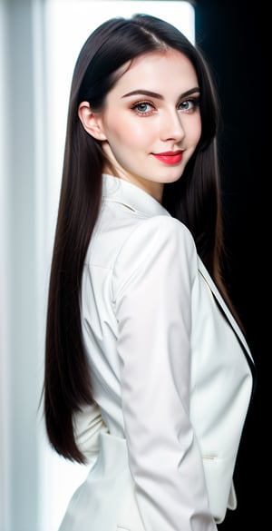 





woman, russian woman, blue eyes, straight short middle parted hairstyle, long dark black hair, super beauty marks, pale white skin, best quality, clear texture, details, canon eos 80d photo, light makeup, (dark black color background theme: 1.1), (pale white skin:1.1), professional coloring photo, (sexy style business woman outfit:1.1), (pale white skin:1.1), smile