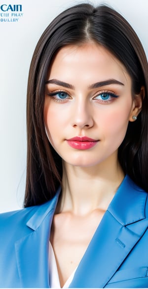 russian woman, beautiful face perfect face, blue pretty eyes, black hair, super straight long middle parted hairstyle, pale white skin, sexy marks, perfect, fully white abstract background, shiny golden accessories, best quality, clear texture, details, canon eos 80d photo, light makeup, blue theme, (blue-background: 1.1), exposed formal woman business suit, clear footage, arms_crossed pose