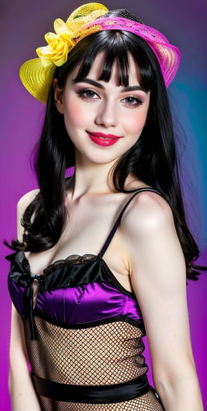 woman, beautiful face, perfect face, colorful eyes fully black hair, pale white skin, sexy marks, perfect, purple bright yellow abstract background, shiny accessories, best quality, clear texture, details, canon eos 80d photo, very little light makeup, black fishnet and strings costume, smile, upper body, small chest
