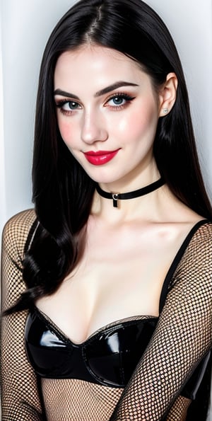 woman, beautiful face, perfect face, colorful eyes fully black hair, pale white skin, sexy marks, perfect, black bright white abstract background, shiny accessories, best quality, clear texture, details, canon eos 80d photo, very little light makeup, black fishnet and strings costume, smile, upper body, small chest