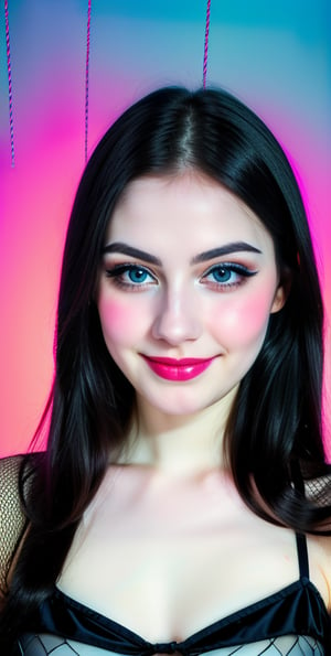 woman, beautiful face, perfect face, colorful eyes fully black hair, pale white skin, sexy marks, perfect, blue bright abstract background, shiny accessories, best quality, clear texture, details, canon eos 80d photo, very little light makeup, black fishnet and strings costume, smile