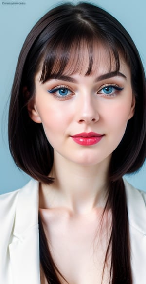 





woman, russian woman, blue eyes, straight short middle parted hairstyle, long dark black hair, super beauty marks, pale white skin, best quality, clear texture, details, canon eos 80d photo, light makeup, (blue color background theme: 1.3), (pale white skin:1.1), professional coloring photo, (sexy style business woman outfit:1.1), (pale white skin:1.1), smile