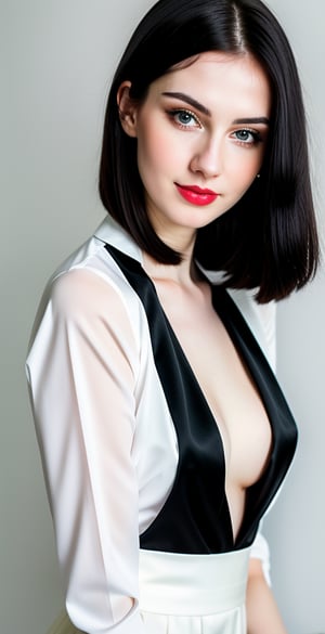 





woman, russian woman, blue eyes, straight short middle parted hairstyle, long dark black hair, super beauty marks, pale white skin, best quality, clear texture, details, canon eos 80d photo, light makeup, (dark black color background theme: 1.1), (pale white skin:1.1), professional coloring photo, (sexy style business woman outfit:1.1), (pale white skin:1.1), smile