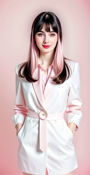 





woman, blue eyes, straight middle parted hairstyle, dark black hair, super beauty marks, pale white skin, best quality, clear texture, details, canon eos 80d photo, light makeup, (pink color background theme: 1.3), (pale white skin:1.1), professional coloring photo, (sexy style business woman outfit:1.1), (pale white skin:1.1), smile
