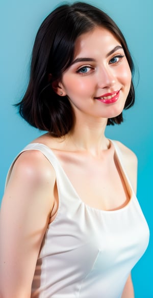





woman, blue eyes, straight middle parted hairstyle, dark black hair, super beauty marks, pale white skin, best quality, clear texture, details, canon eos 80d photo, light makeup, (blue orange color background theme: 1.3), (pale white skin:1.1), professional coloring photo, (sexy style business woman outfit:1.1), (pale white skin:1.1), smile