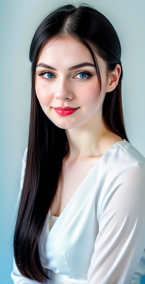 





woman, russian woman, blue eyes, straight short middle parted hairstyle, long dark black hair, super beauty marks, pale white skin, best quality, clear texture, details, canon eos 80d photo, light makeup, (blue color background theme: 1.3), (pale white skin:1.1), professional coloring photo, (sexy style business woman outfit:1.1), (pale white skin:1.1), smile
