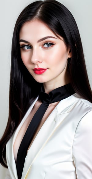 



woma, russian woman, blue eyes, straight short middle parted hairstyle, long dark black hair, super beauty marks, pale white skin, best quality, clear texture, details, canon eos 80d photo, light makeup, (dark black color background theme: 1.1), (pale white skin:1.1), professional coloring photo, (sexy style business woman outfit:1.1), (pale white skin:1.1), smile