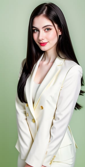 





woman, green eyes, straight middle parted hairstyle, dark black hair, super beauty marks, pale white skin, best quality, clear texture, details, canon eos 80d photo, light makeup, (green color background theme: 1.3), (pale white skin:1.1), professional coloring photo, (sexy style business woman outfit:1.1), (pale white skin:1.1), smile