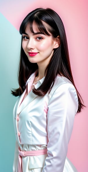 





woman, eyes, straight middle parted hairstyle, dark black hair, super beauty marks, pale white skin, best quality, clear texture, details, canon eos 80d photo, light makeup, (pink blue color background theme: 1.3), (pale white skin:1.1), professional coloring photo, (sexy style business woman outfit:1.1), (pale white skin:1.1), smile
