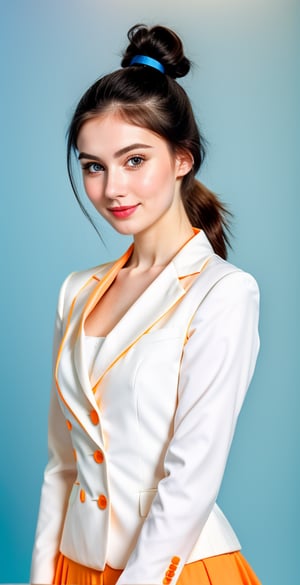 





woman, blue eyes, straight middle parted hairstyle, ponytail, dark black hair, super beauty marks, pale white skin, best quality, clear texture, details, canon eos 80d photo, light makeup, (blue orange color background theme: 1.3), (pale white skin:1.1), professional coloring photo, (sexy style business woman outfit:1.1), (pale white skin:1.1), smile